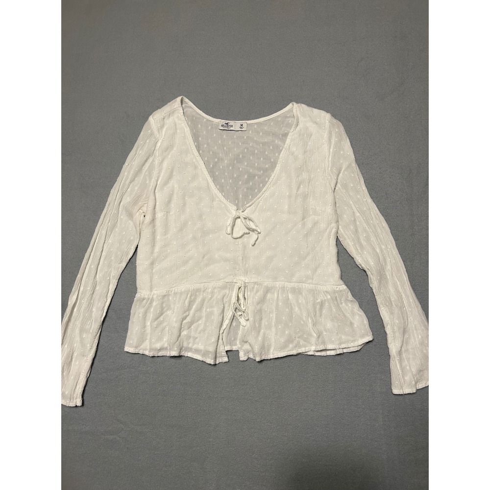 Hollister White Swiss Dot Long Sleeve Tie Front Peplum Blouse Top Womens Medium